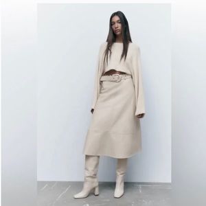Zara S Vegan Faux leather beige midi skirt and belt set AS IS for zipper issue